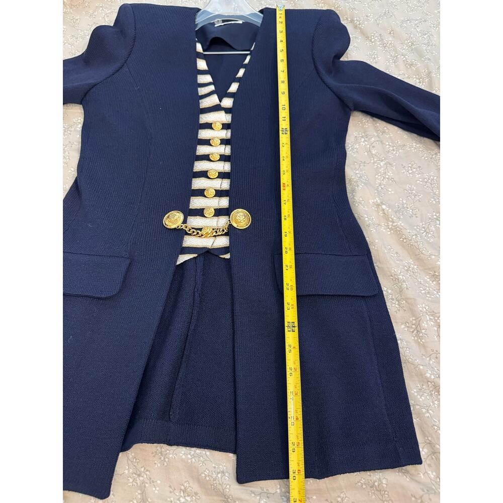 St. John 2-Piece Knit Suit Set Navy Blue Gold Metallic Trim and Skirt sz 6 - Picture 12 of 13